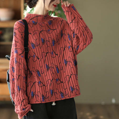 Women'S Autumn Print Knitted Crew Neck Sweater