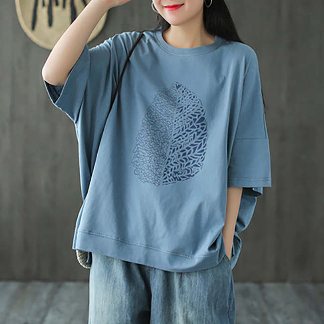 Plus Size - Leaf Printed Summer Half Sleeve Cotton T-Shirt