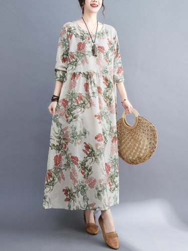 Pre-Fall Round Neck Printed Long Sleeve Dress