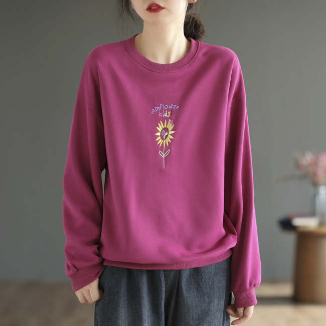 Women'S Autumn Round Neck Embroidered Sweatshirt