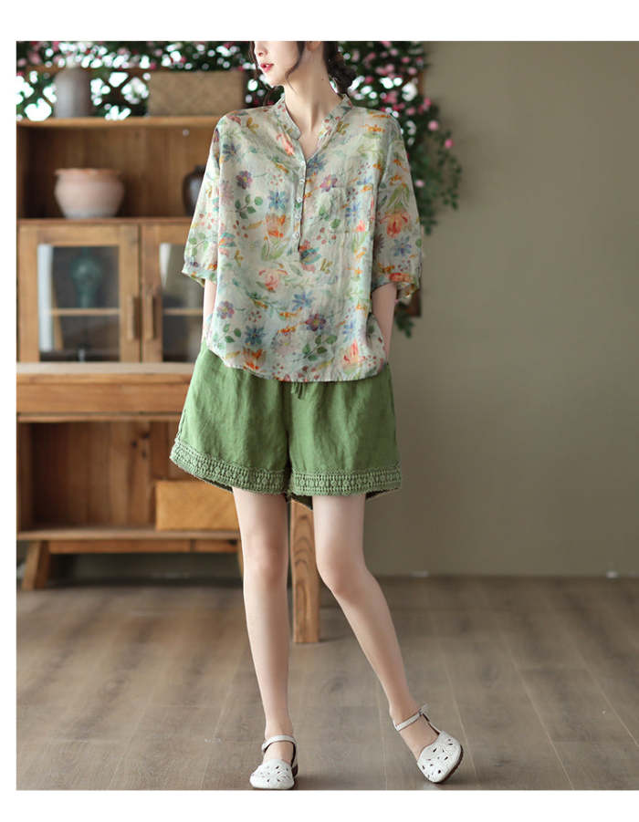 Women'S Summer Ramie Stand Collar Printed Shirt