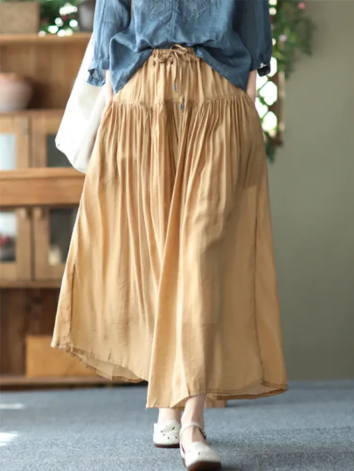 Spring Vintage Silk And Linen Elastic Waist Skirt
