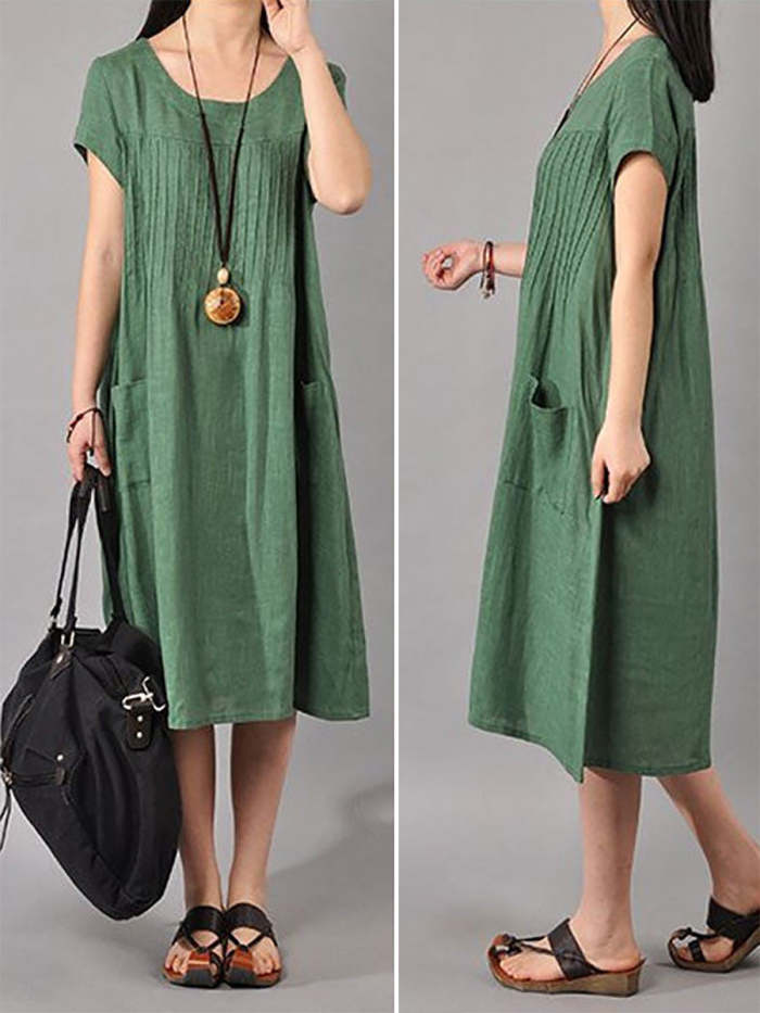 Plus Size Women Cotton Linen Loose Fitting Dress In Green