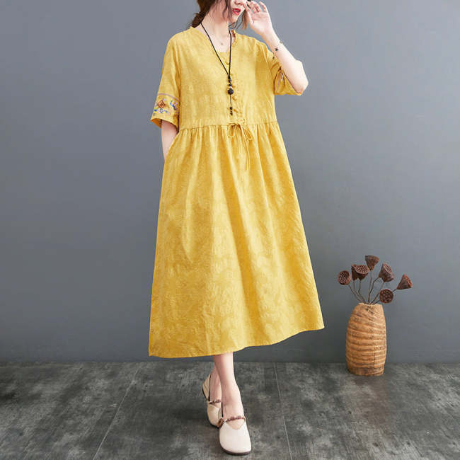 Summer Cotton Linen Embroidered V-Neck Dress