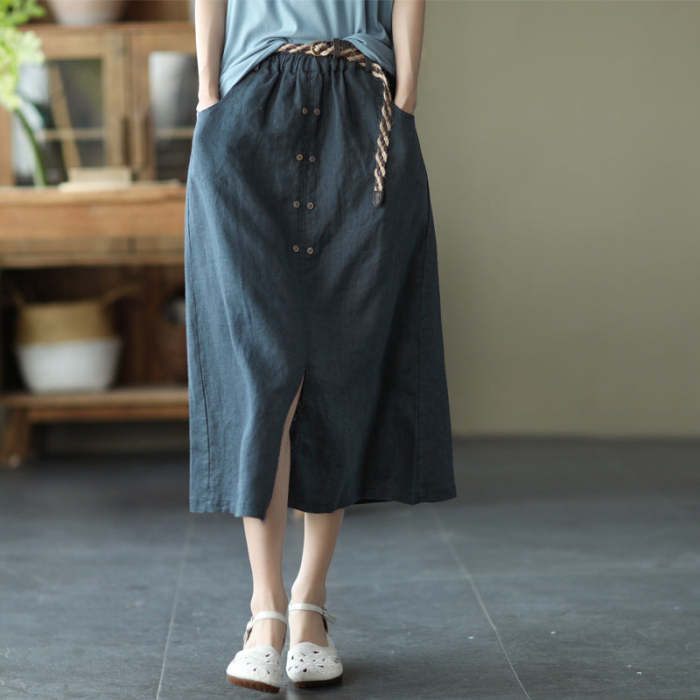 Summer Vintage Ramie Elastic Waist Skirt