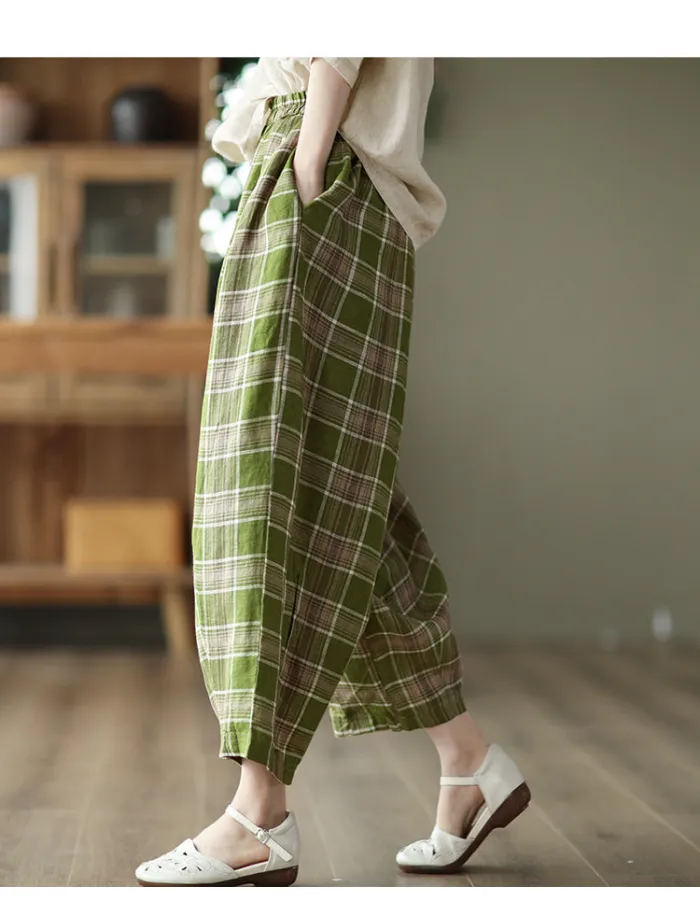 Women'S Summer Plaid Elastic Waist Linen Pants