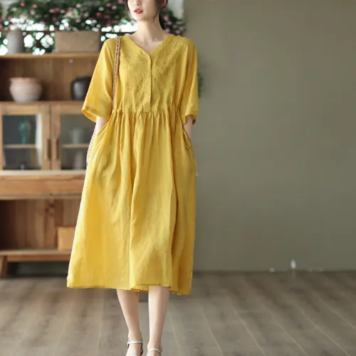 Summer Ramie Embroidered V-Neck Dress