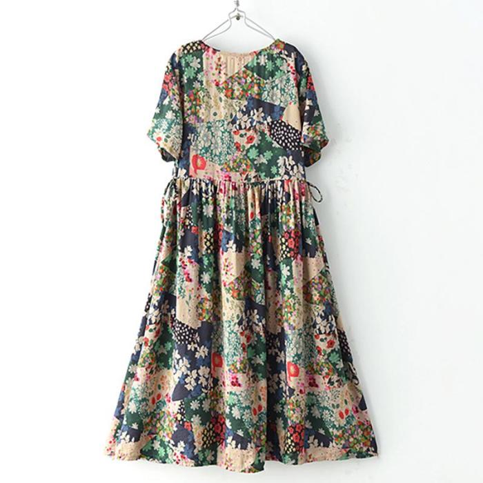 Plus Size Short Sleeve Floral Prints Loose Dress