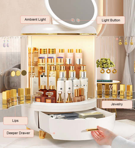 Round Makeup Storage Organizer Box With Mirror Led Light