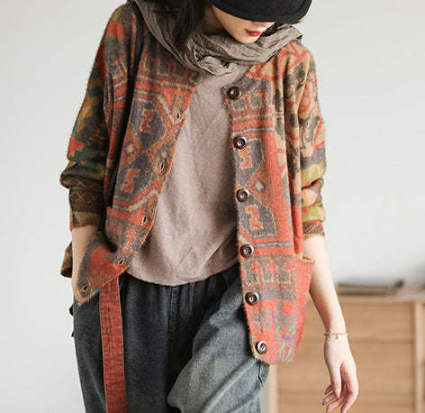 Autumn Print Knitted Cardigan Sweater