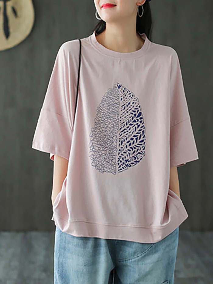 Plus Size - Leaf Printed Summer Half Sleeve Cotton T-Shirt