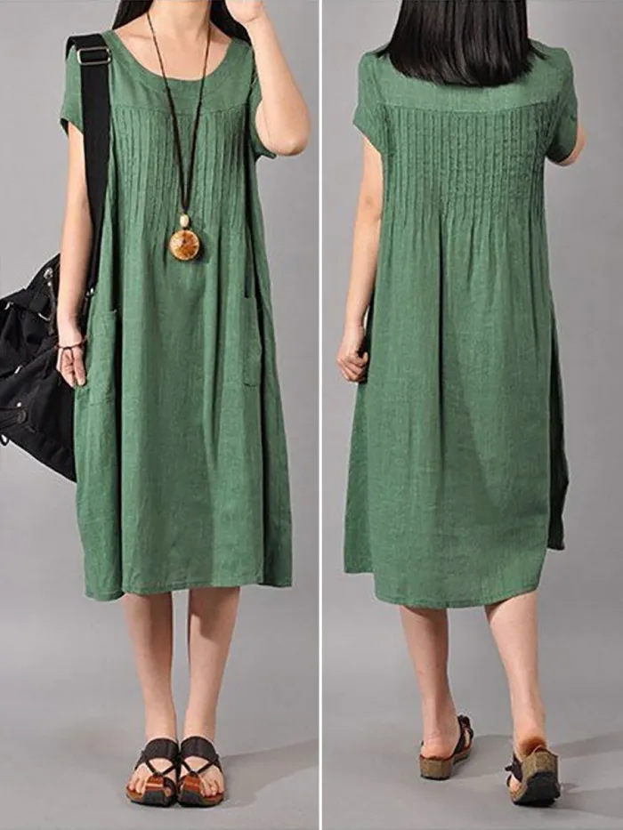 Plus Size Women Cotton Linen Loose Fitting Dress In Green
