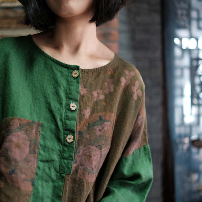 Autumn Women Print Linen Colorblock Loose Shirt