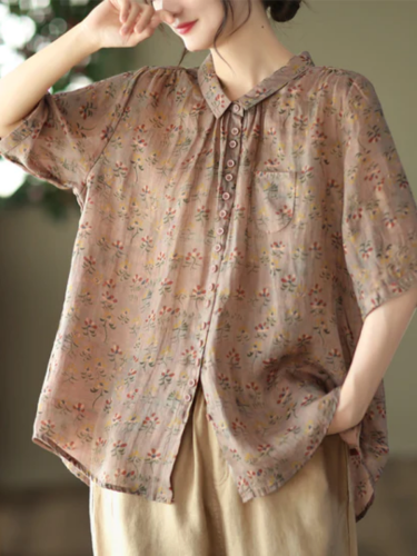 Women'S Summer Ramie Print Mid-Sleeve Shirt