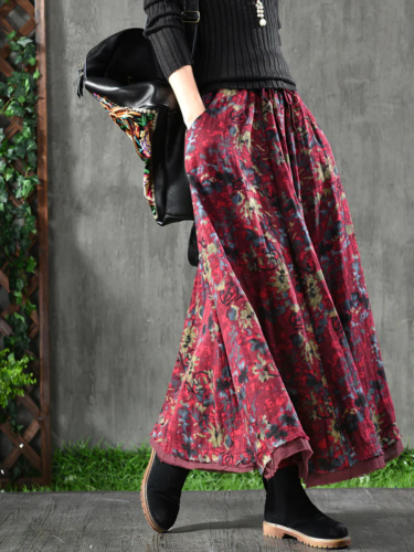 Autumn Vintage Cotton Linen Floral Skirt
