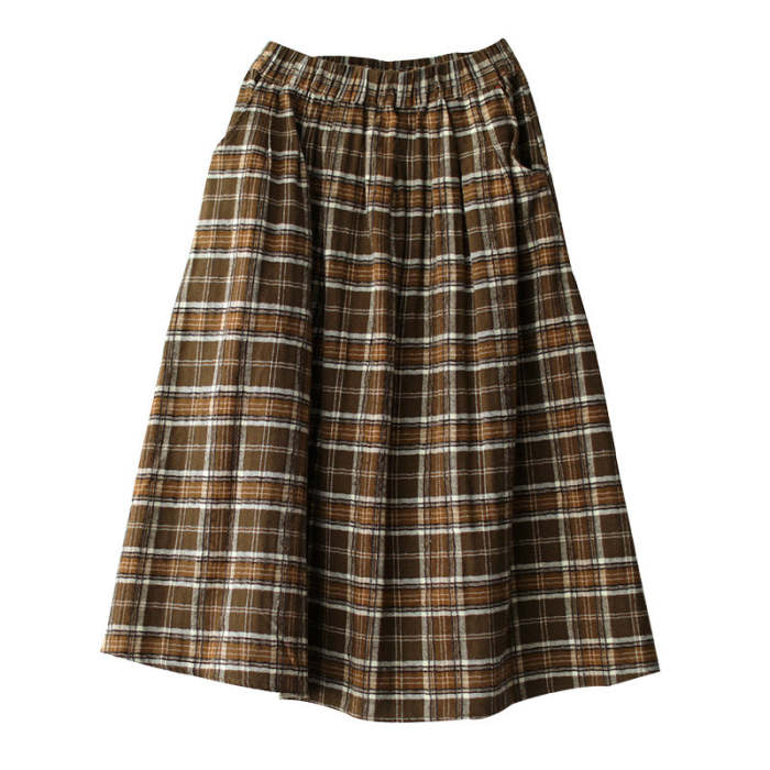 Spring Brushed Plaid Elastic Waist Skirt