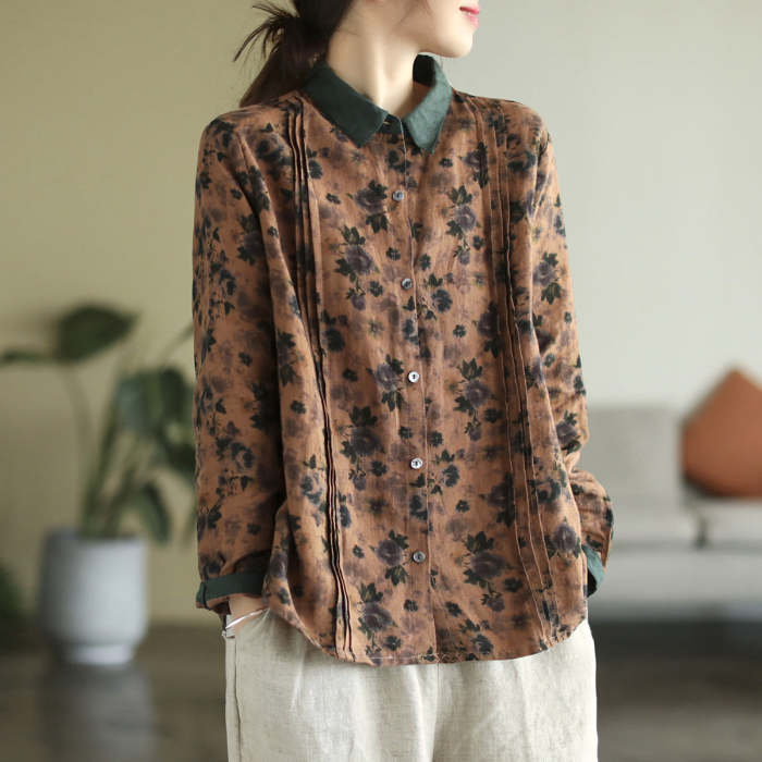 Women'S Autumn Linen Print Lapel Shirt
