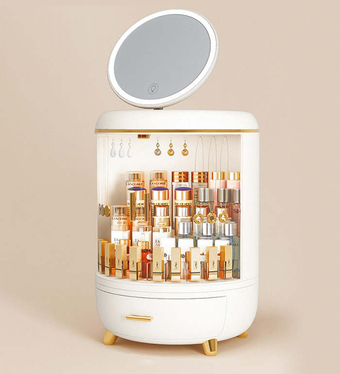 Round Makeup Storage Organizer Box With Mirror Led Light