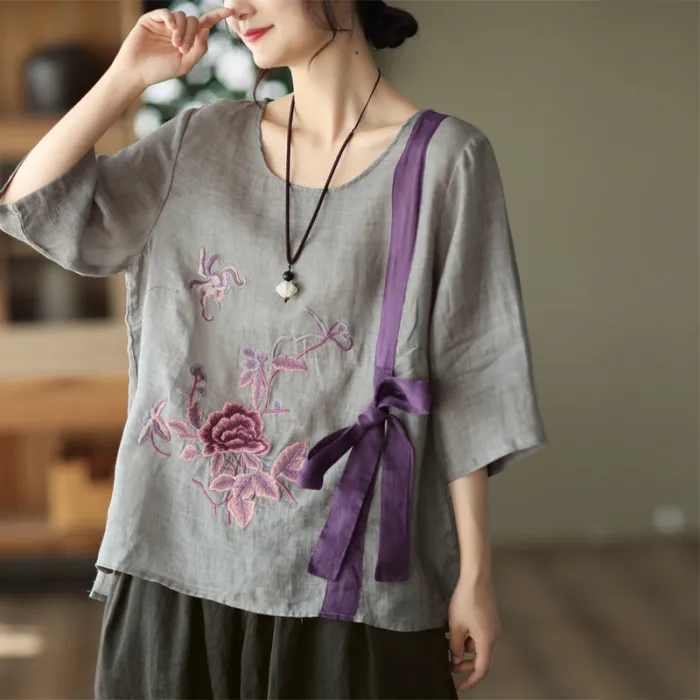 Women'S Summer Round Neck Embroidered Ramie T-Shirtv