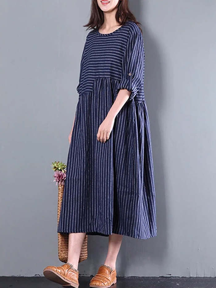 Plus Size - Casual Loose Stripe Long Sleeve Dress