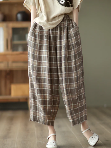 Women'S Summer Plaid Elastic Waist Linen Pants