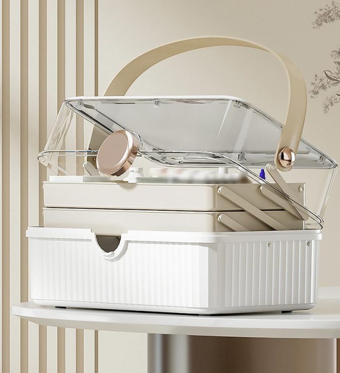 Craft Storage Box With 3-Tier Fold Tray And Handle