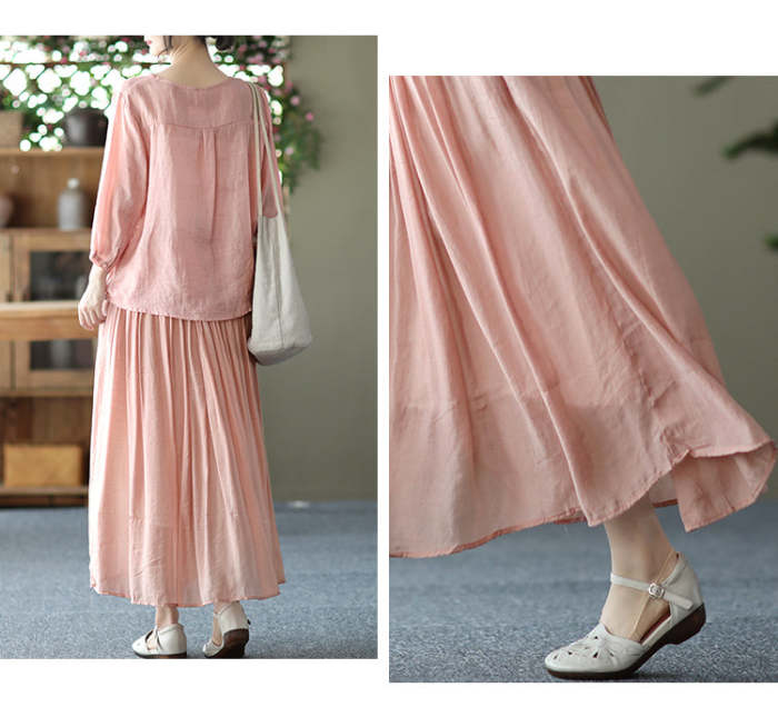 Spring Vintage Silk And Linen Elastic Waist Skirt