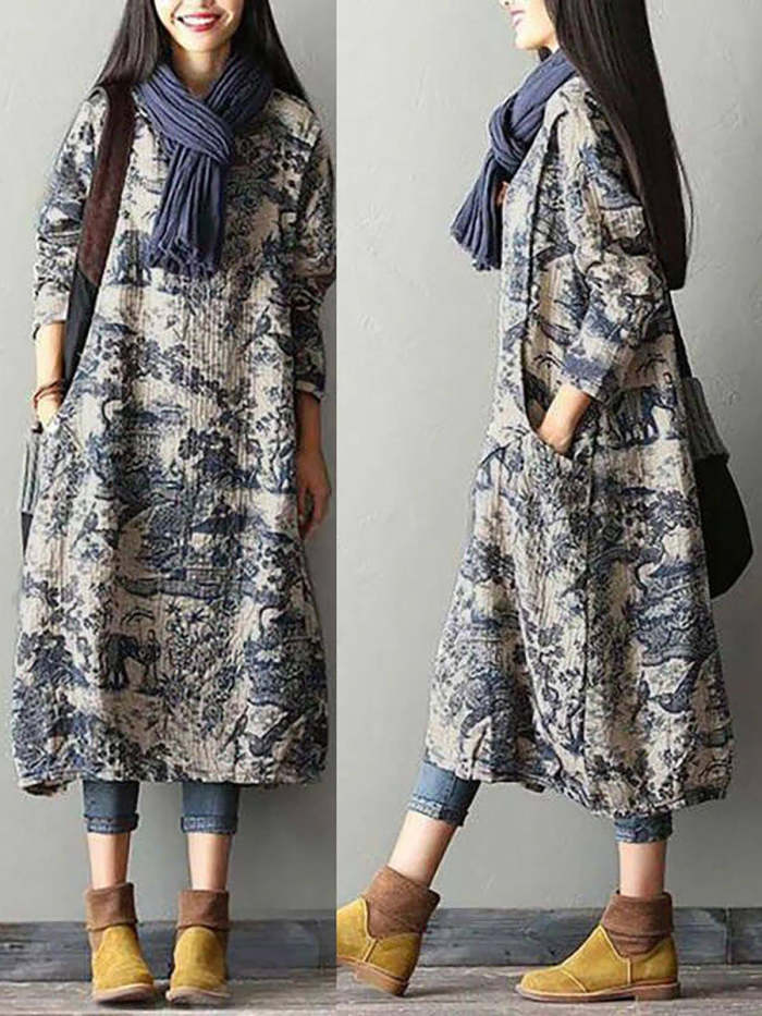 Plus Size - Winter Printing 100%Cotton Floral Dress
