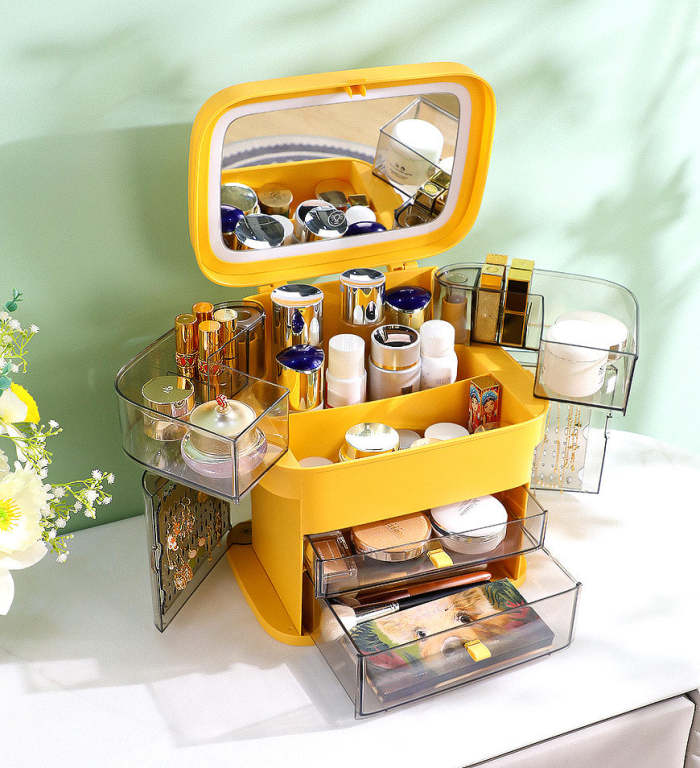 Cosmetic And Jewelry Storage Box With Led Makeup Mirror