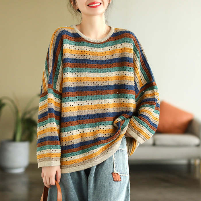 Autumn Striped Doll Sleeve Wool Knit Sweater