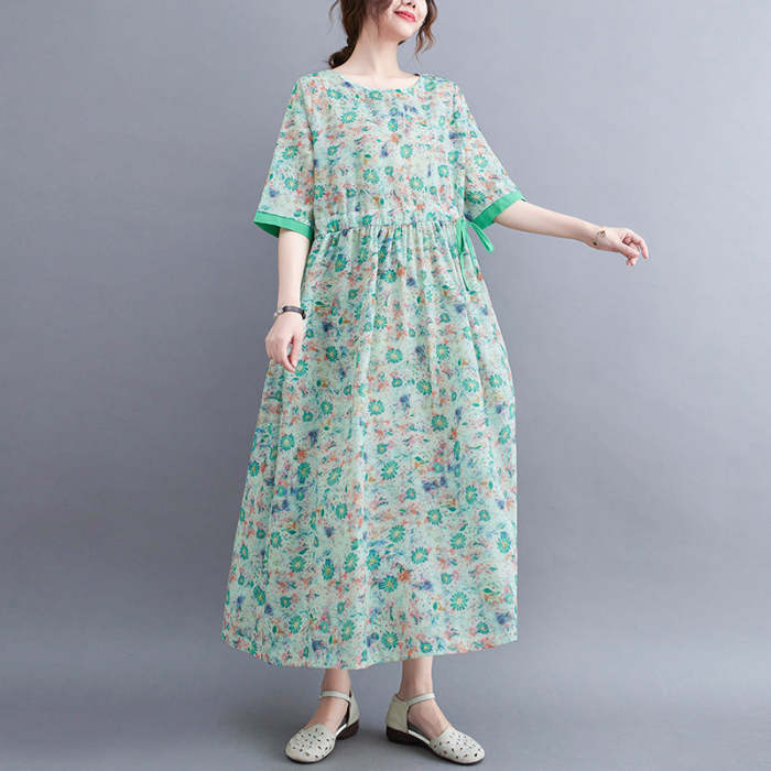 Summer Ramie Print Crew Neck Dress