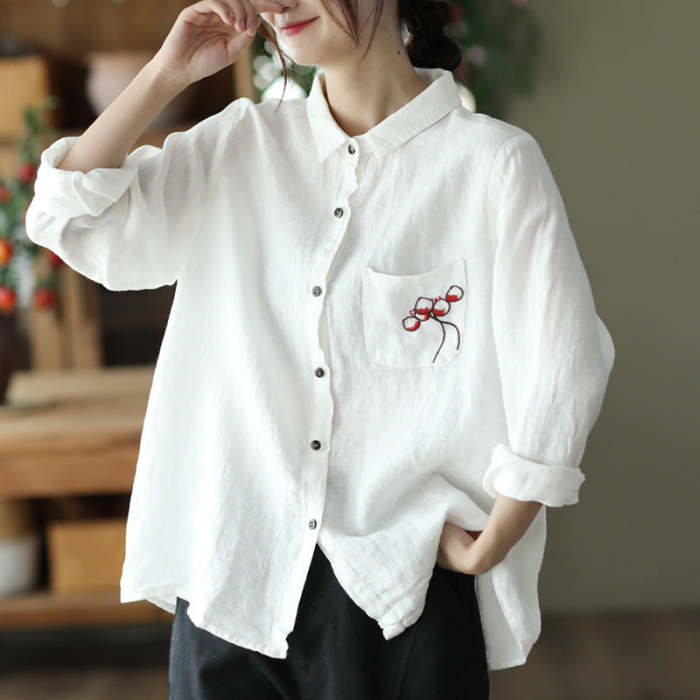 Women'S Autumn Embroidered Linen Shirt Lapel Shirt