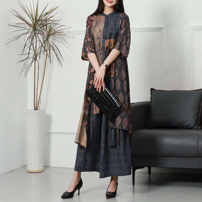 Women Vintage Plant Irregular Spliced Suit