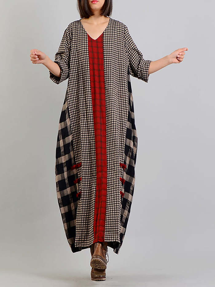 Plus Size - Different Colored Plaid Retro Cotton Linen Dress