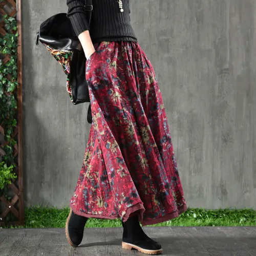 Autumn Vintage Cotton Linen Floral Skirt