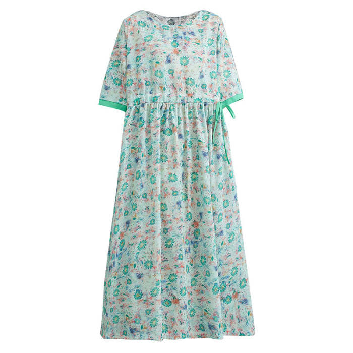 Summer Ramie Print Crew Neck Dress