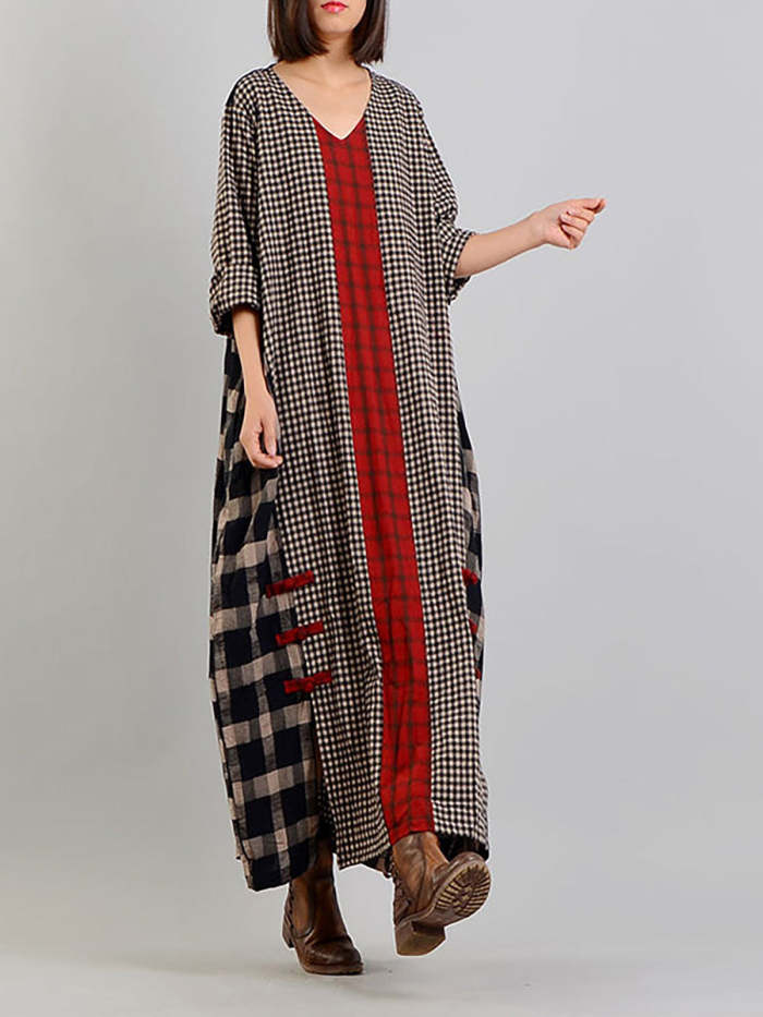 Plus Size - Different Colored Plaid Retro Cotton Linen Dress