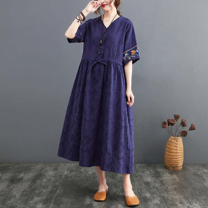 Summer Cotton Linen Embroidered V-Neck Dress