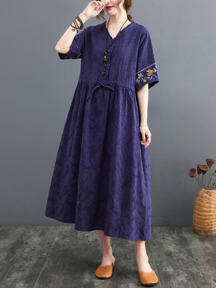 Summer Cotton Linen Embroidered V-Neck Dress