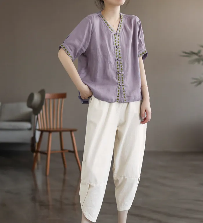 Women'S Summer Ramie Embroidered Buckle T-Shirt