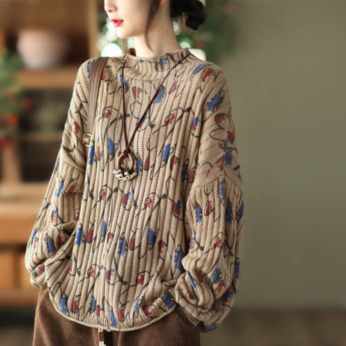 Women'S Autumn Print Knitted Crew Neck Sweater