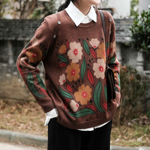 Autumn Knitted Crew Neck Print Sweater