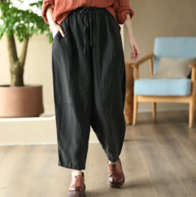 Women'S Vintage Linen Elastic Waist Pants