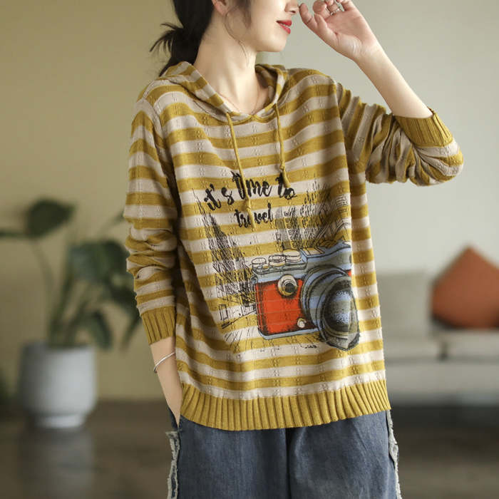 Women'S Autumn Print Hooded Knitted Top