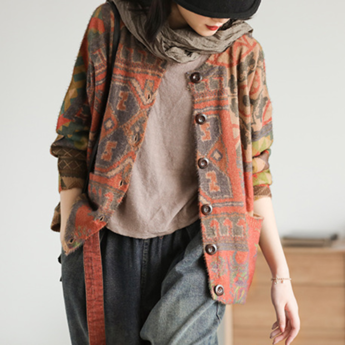 Autumn Print Knitted Cardigan Sweater