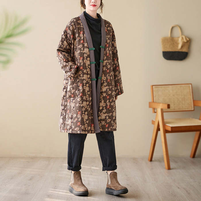 Winter Cotton Linen Printed Thick Coat