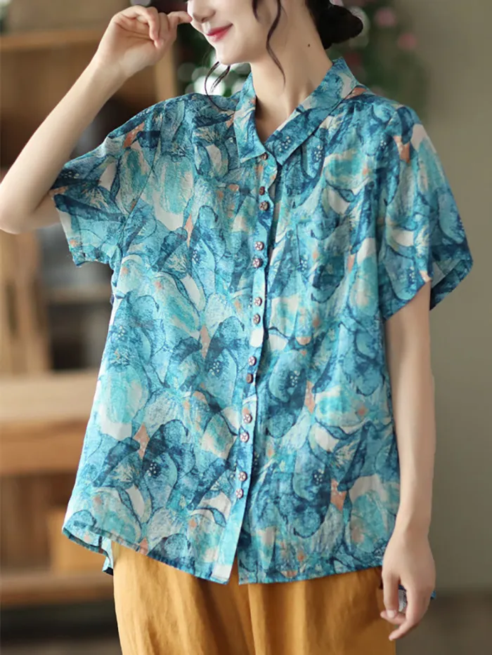Floral Ramie Vintage Summer Women Loose Shirt