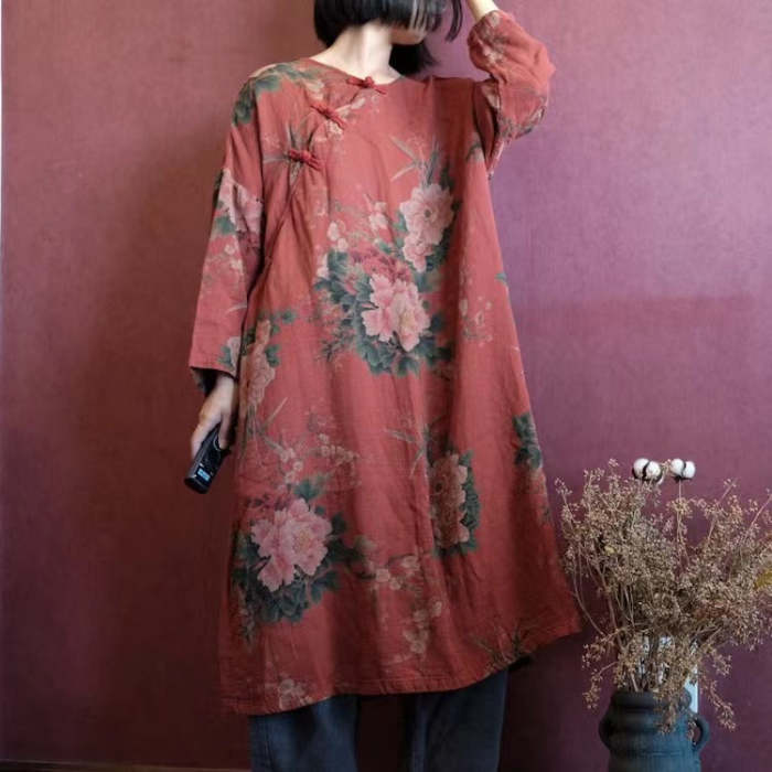 Plus-Size Cotton Vintage Print Causal  Dress