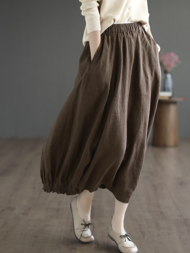 Autumn Solid Elastic Waist Linen Skirt