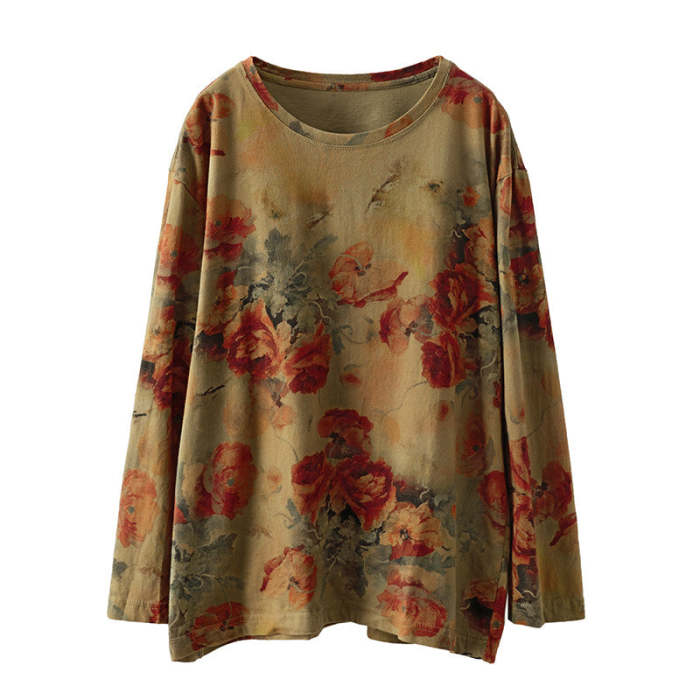 Women Autumn Vintage Print Pullover Loose T-Shirt